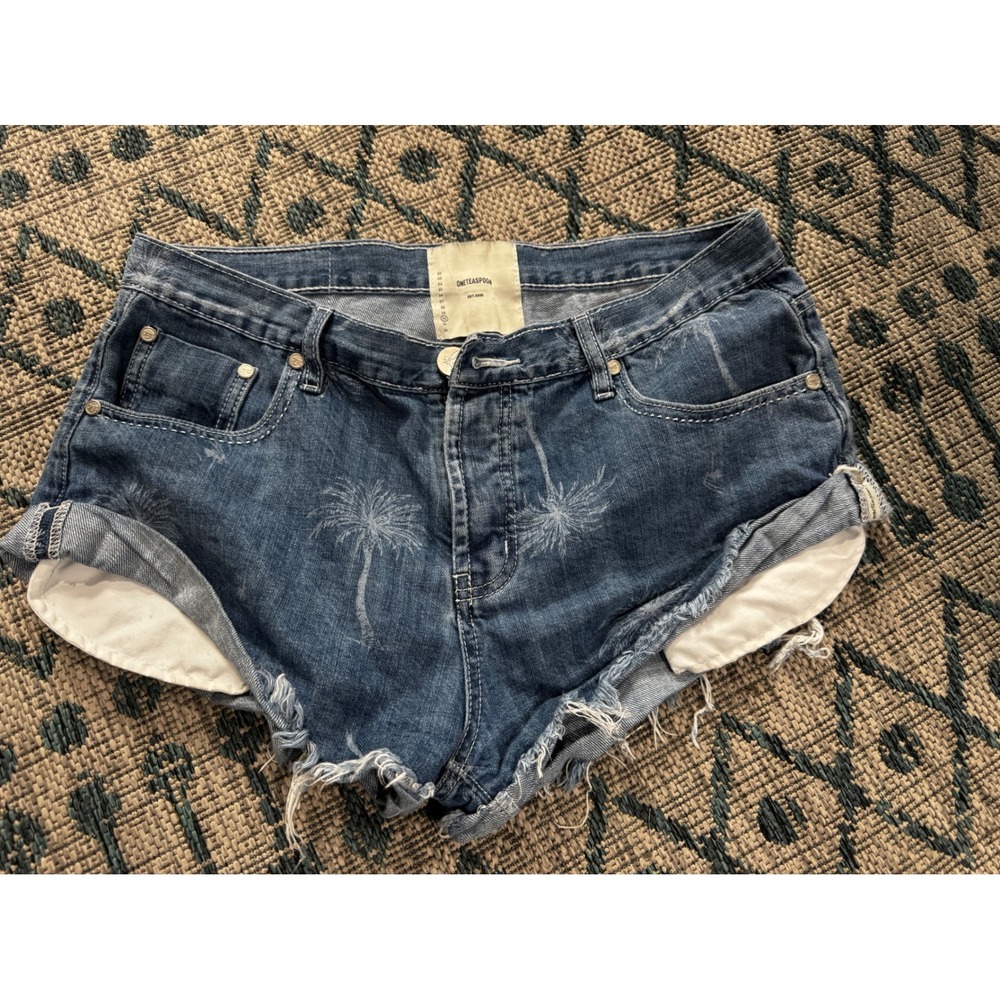 One Teaspoon Bandits Palm Tree Denim Shorts Blue Distressed Cuffed Women Size 30